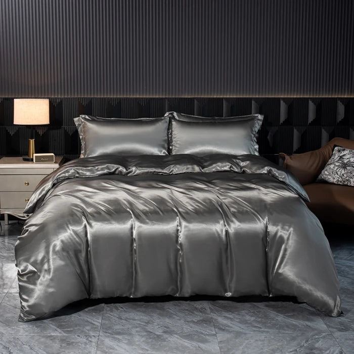 Solid Silk Bedding Set with Duvet Cover Bed Sheet Pillowcases Luxury Satin Single Double Bedsheet King Queen Twin Size