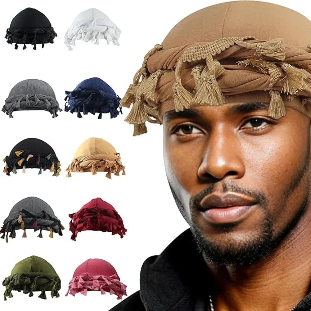 Babalet Halo Turban for Men Women Satin Lined Durag Head Wraps Skull Cap Pre-Tied Tassels Braid Beanie Vintage Twist Bonnet