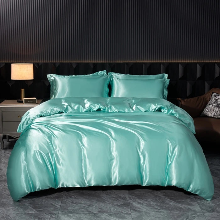 Solid Silk Bedding Set with Duvet Cover Bed Sheet Pillowcases Luxury Satin Single Double Bedsheet King Queen Twin Size