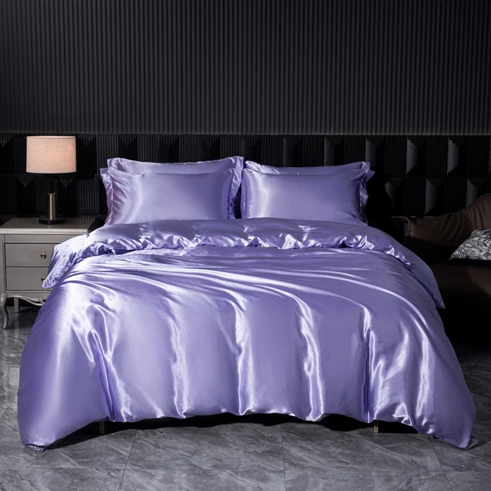 Solid Silk Bedding Set with Duvet Cover Bed Sheet Pillowcases Luxury Satin Single Double Bedsheet King Queen Twin Size
