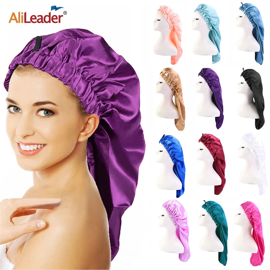 Long Satin Solid Sleeping Hat Night Cap Adjustable Women Satin Night Sleep Cap Hair Bonnet Hat  For Hair Care Head Cover Bonnets