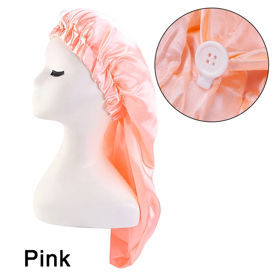 Long Satin Solid Sleeping Hat Night Cap Adjustable Women Satin Night Sleep Cap Hair Bonnet Hat  For Hair Care Head Cover Bonnets