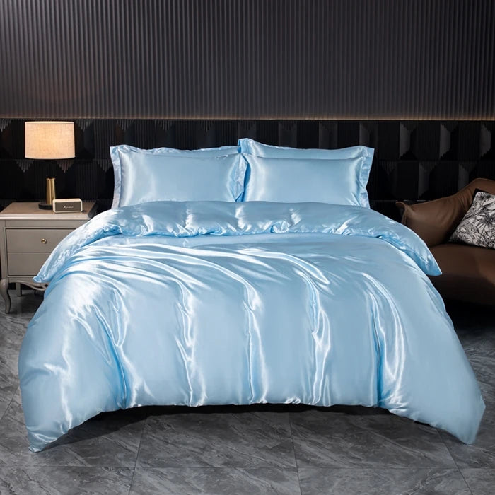 Solid Silk Bedding Set with Duvet Cover Bed Sheet Pillowcases Luxury Satin Single Double Bedsheet King Queen Twin Size