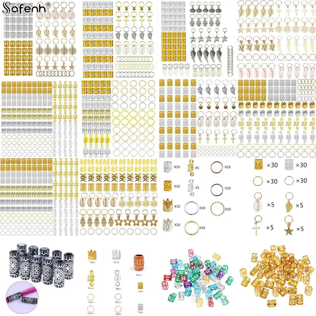 50-180pc/Set Metal African Hair Rings Beads Cuffs Tubes Charms Dreadlock Dread Hair Braids Jewelry Decoration Braids Accessories