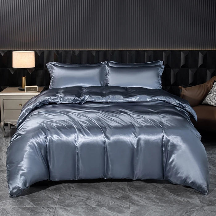 Solid Silk Bedding Set with Duvet Cover Bed Sheet Pillowcases Luxury Satin Single Double Bedsheet King Queen Twin Size