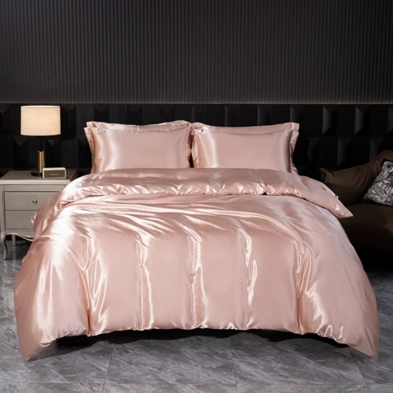 Solid Silk Bedding Set with Duvet Cover Bed Sheet Pillowcases Luxury Satin Single Double Bedsheet King Queen Twin Size