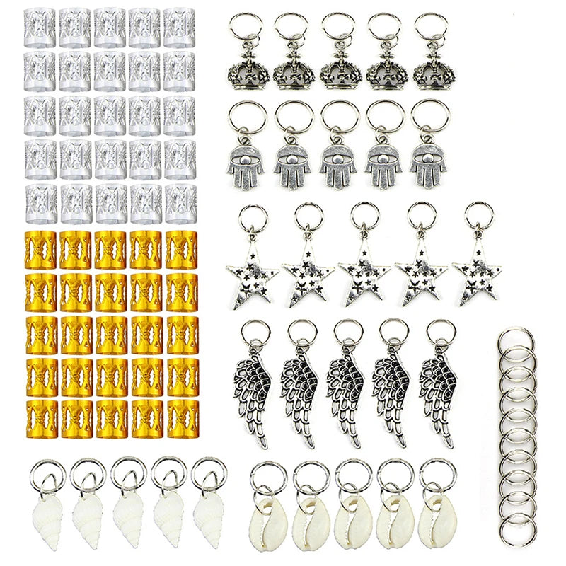 50-180pc/Set Metal African Hair Rings Beads Cuffs Tubes Charms Dreadlock Dread Hair Braids Jewelry Decoration Braids Accessories