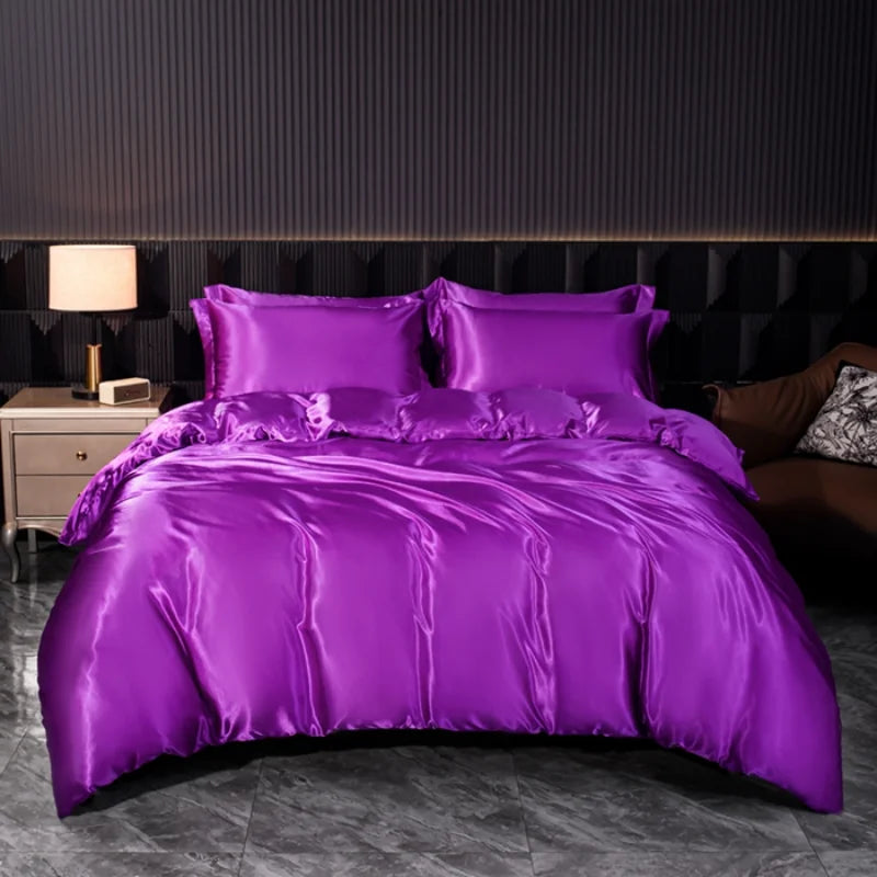 Solid Silk Bedding Set with Duvet Cover Bed Sheet Pillowcases Luxury Satin Single Double Bedsheet King Queen Twin Size