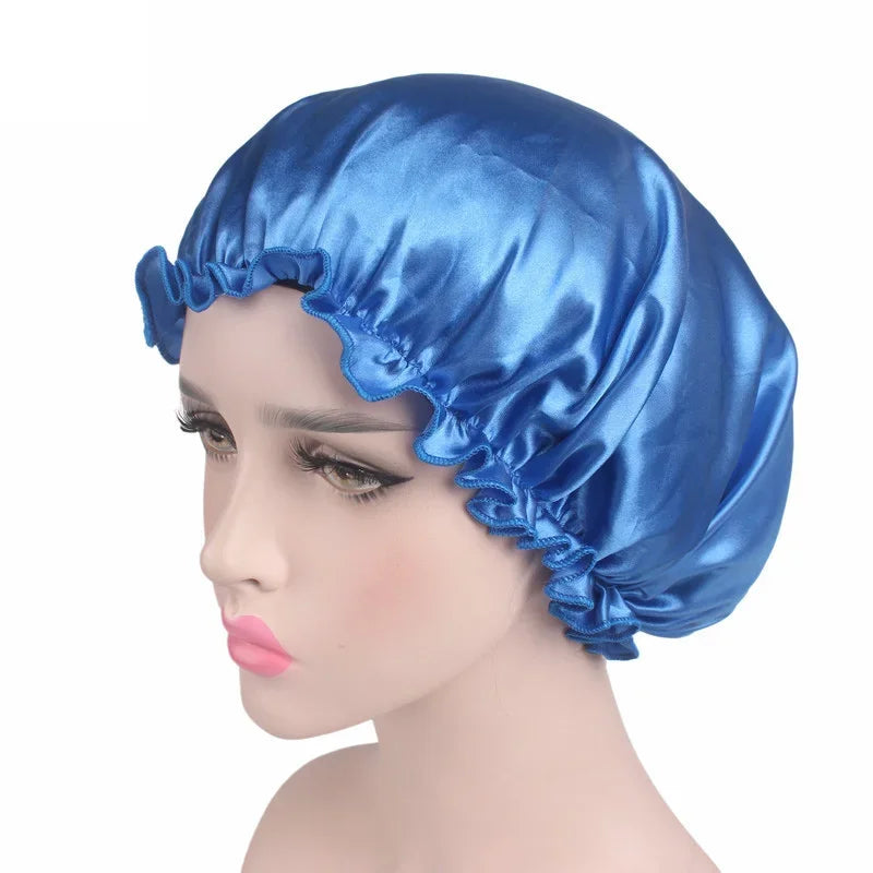 Women Silk Satin Night Sleep Cap Shower Caps Hair Care Beauty Bonnet Hat Head Cover Elastic Band Bathroom Shower Caps