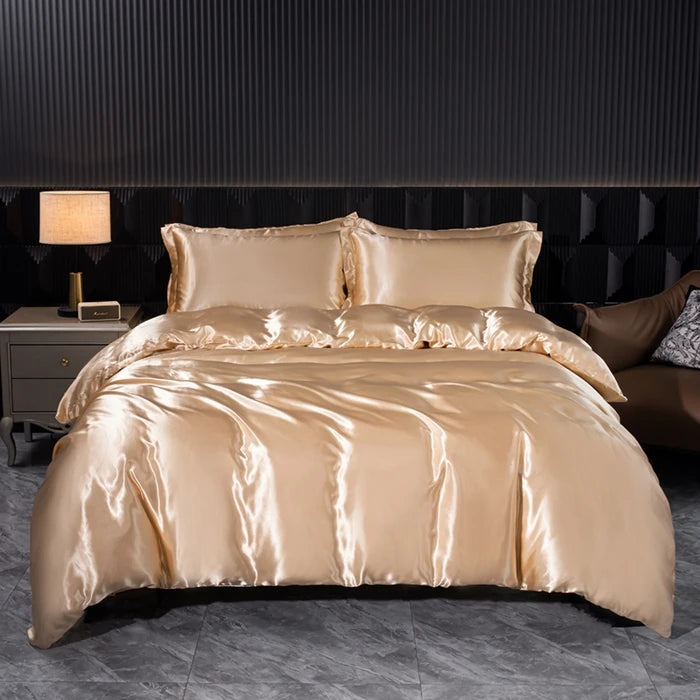 Solid Silk Bedding Set with Duvet Cover Bed Sheet Pillowcases Luxury Satin Single Double Bedsheet King Queen Twin Size