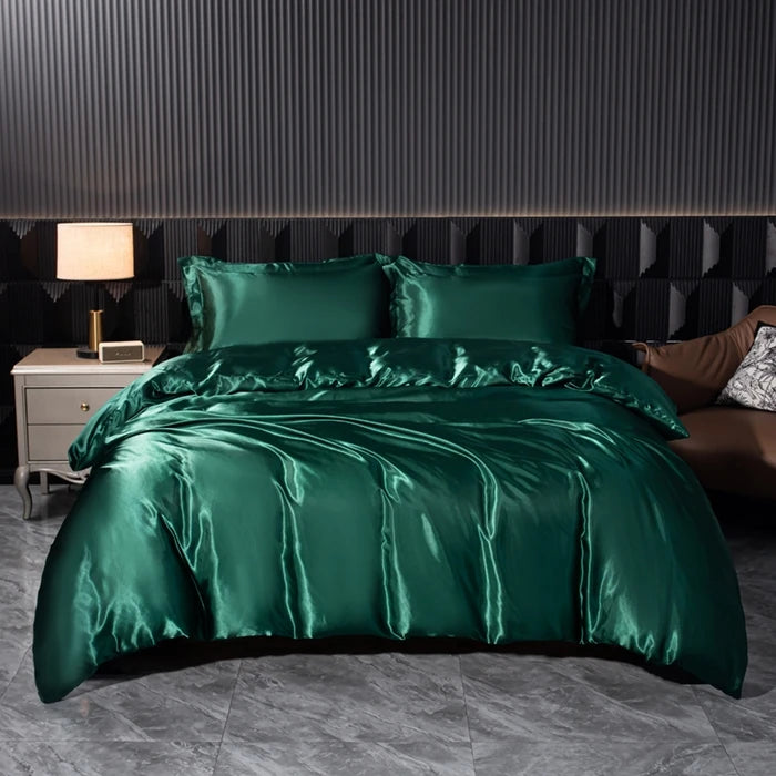 Solid Silk Bedding Set with Duvet Cover Bed Sheet Pillowcases Luxury Satin Single Double Bedsheet King Queen Twin Size