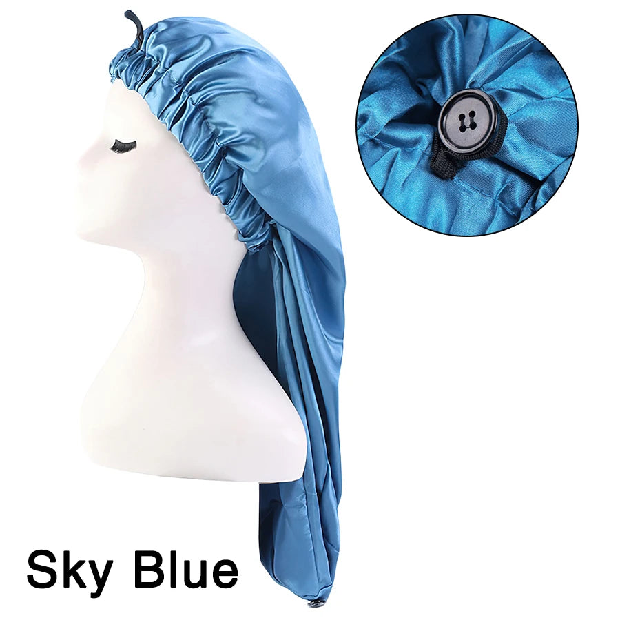 Long Satin Solid Sleeping Hat Night Cap Adjustable Women Satin Night Sleep Cap Hair Bonnet Hat  For Hair Care Head Cover Bonnets