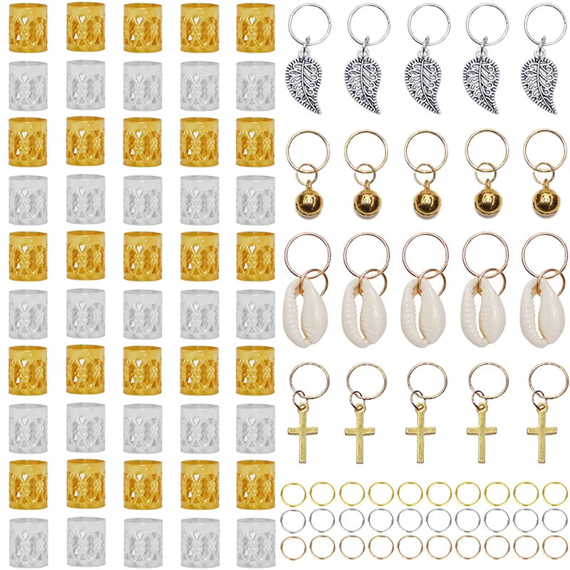 50-180pc/Set Metal African Hair Rings Beads Cuffs Tubes Charms Dreadlock Dread Hair Braids Jewelry Decoration Braids Accessories