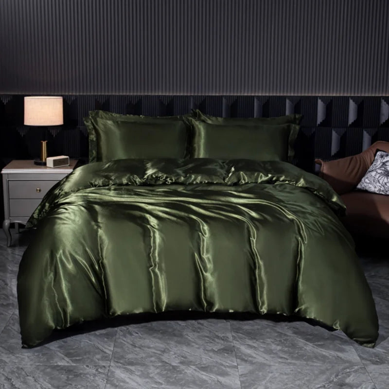 Solid Silk Bedding Set with Duvet Cover Bed Sheet Pillowcases Luxury Satin Single Double Bedsheet King Queen Twin Size