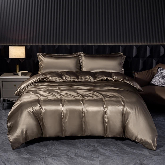 Solid Silk Bedding Set with Duvet Cover Bed Sheet Pillowcases Luxury Satin Single Double Bedsheet King Queen Twin Size