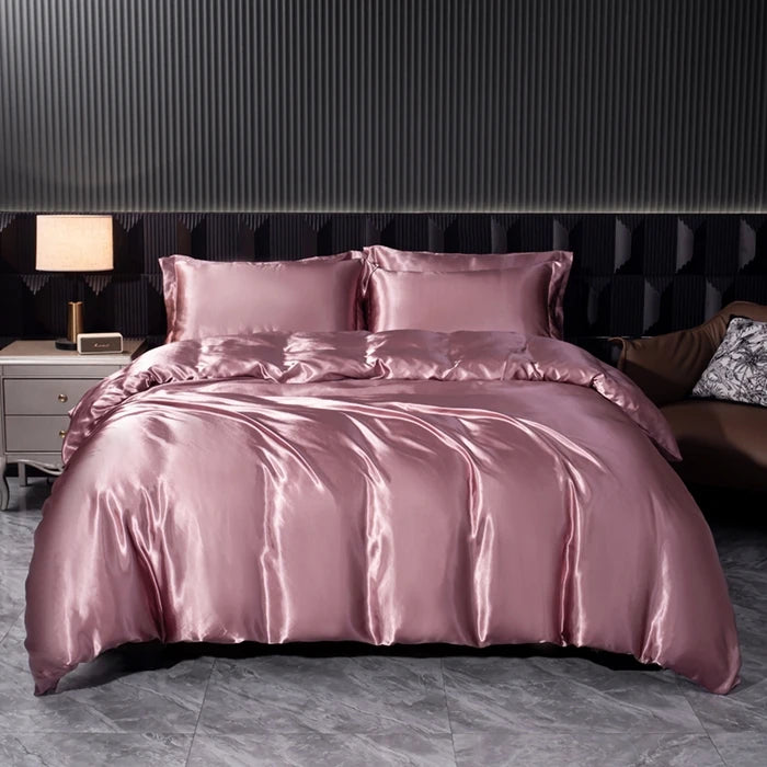 Solid Silk Bedding Set with Duvet Cover Bed Sheet Pillowcases Luxury Satin Single Double Bedsheet King Queen Twin Size