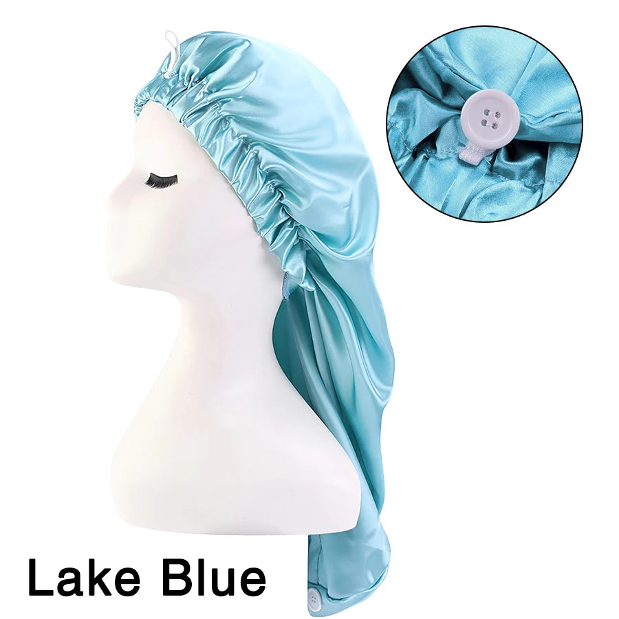 Long Satin Solid Sleeping Hat Night Cap Adjustable Women Satin Night Sleep Cap Hair Bonnet Hat  For Hair Care Head Cover Bonnets