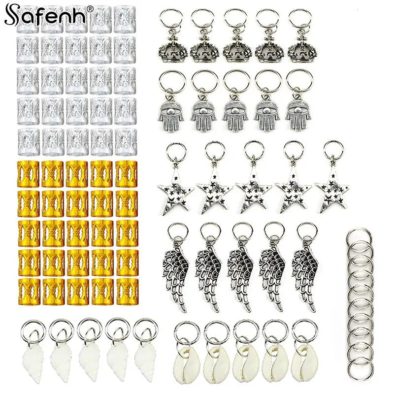 50-180pc/Set Metal African Hair Rings Beads Cuffs Tubes Charms Dreadlock Dread Hair Braids Jewelry Decoration Braids Accessories
