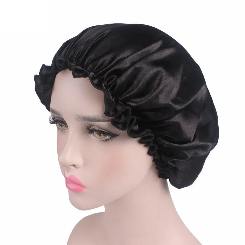 Women Silk Satin Night Sleep Cap Shower Caps Hair Care Beauty Bonnet Hat Head Cover Elastic Band Bathroom Shower Caps