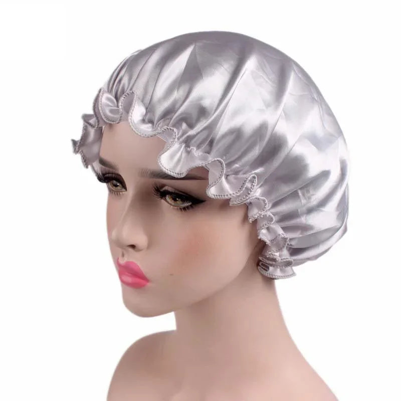 Women Silk Satin Night Sleep Cap Shower Caps Hair Care Beauty Bonnet Hat Head Cover Elastic Band Bathroom Shower Caps