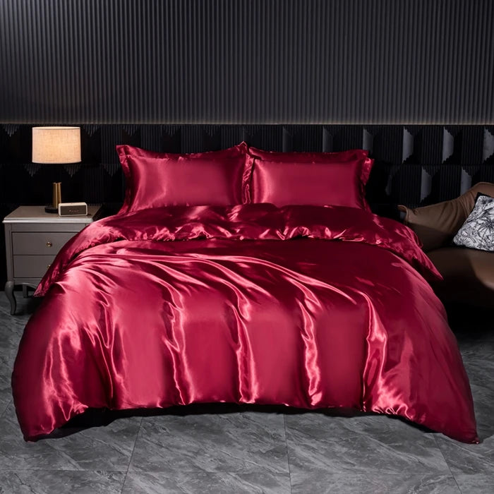 Solid Silk Bedding Set with Duvet Cover Bed Sheet Pillowcases Luxury Satin Single Double Bedsheet King Queen Twin Size
