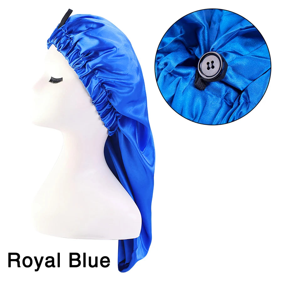 Long Satin Solid Sleeping Hat Night Cap Adjustable Women Satin Night Sleep Cap Hair Bonnet Hat  For Hair Care Head Cover Bonnets