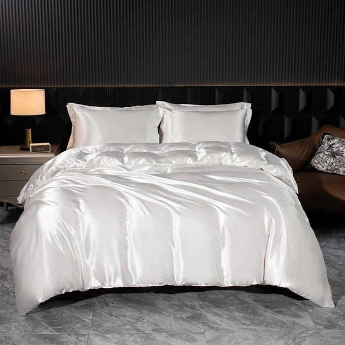 Solid Silk Bedding Set with Duvet Cover Bed Sheet Pillowcases Luxury Satin Single Double Bedsheet King Queen Twin Size