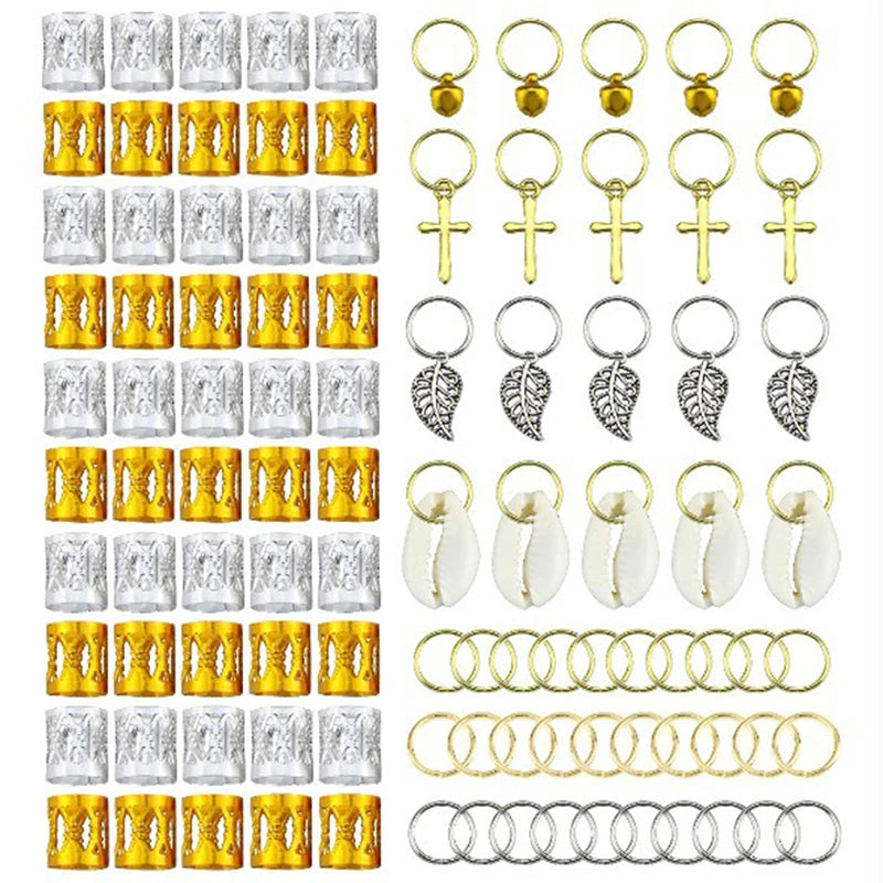 50-180pc/Set Metal African Hair Rings Beads Cuffs Tubes Charms Dreadlock Dread Hair Braids Jewelry Decoration Braids Accessories