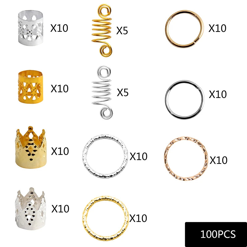 50-180pc/Set Metal African Hair Rings Beads Cuffs Tubes Charms Dreadlock Dread Hair Braids Jewelry Decoration Braids Accessories