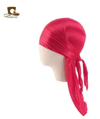 Durag Long Tail Silky Scarf Muslim Doo Rag Pirate Hat Durag Chemo Caps Skull Hat Turban hair band Bandanas 18 colors for Choose