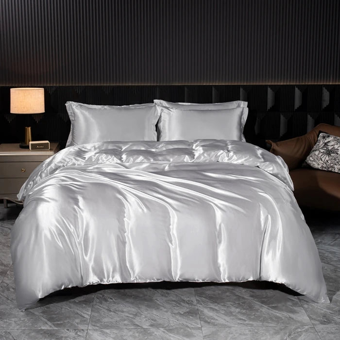 Solid Silk Bedding Set with Duvet Cover Bed Sheet Pillowcases Luxury Satin Single Double Bedsheet King Queen Twin Size